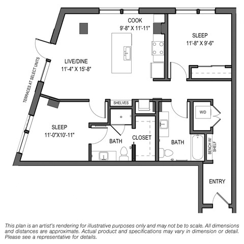Floor plan for 2 beds, 2 baths, 1038 sqft